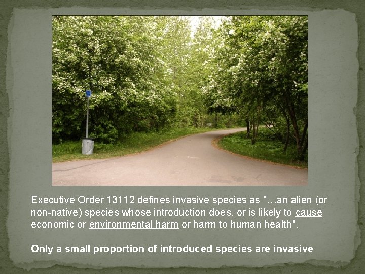 Executive Order 13112 defines invasive species as "…an alien (or non-native) species whose introduction