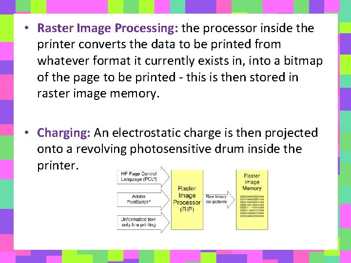  • Raster Image Processing: the processor inside the printer converts the data to
