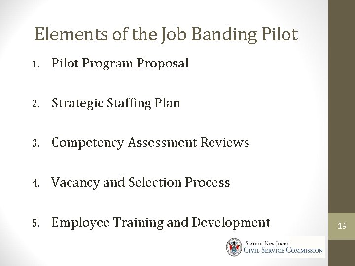 Elements of the Job Banding Pilot 1. Pilot Program Proposal 2. Strategic Staffing Plan