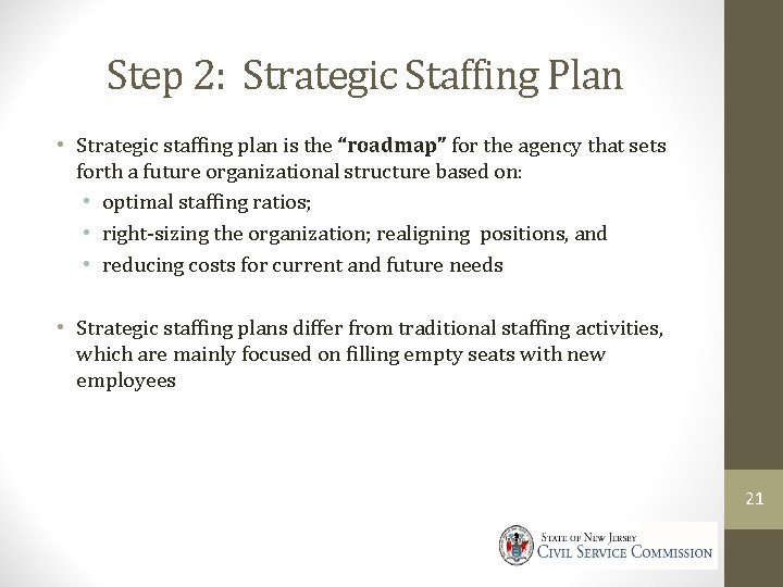 Step 2: Strategic Staffing Plan • Strategic staffing plan is the “roadmap” for the