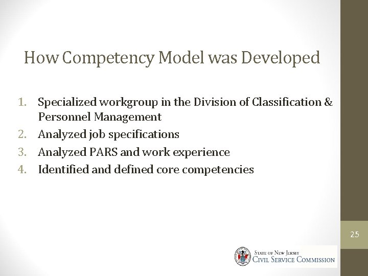 How Competency Model was Developed 1. Specialized workgroup in the Division of Classification &