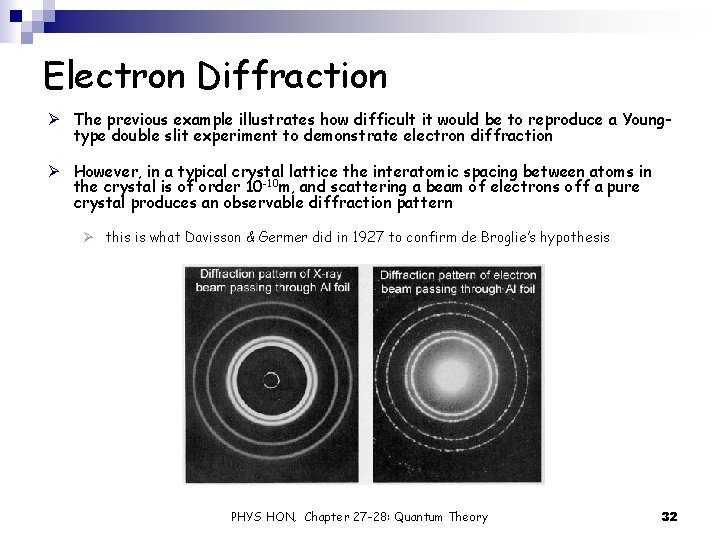 Electron Diffraction Ø The previous example illustrates how difficult it would be to reproduce