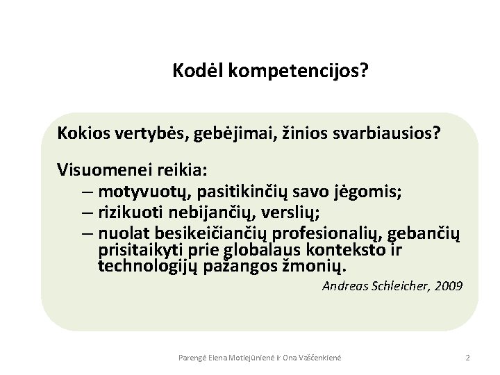 Kodėl kompetencijos? Kokios vertybės, gebėjimai, žinios svarbiausios? Visuomenei reikia: – motyvuotų, pasitikinčių savo jėgomis;