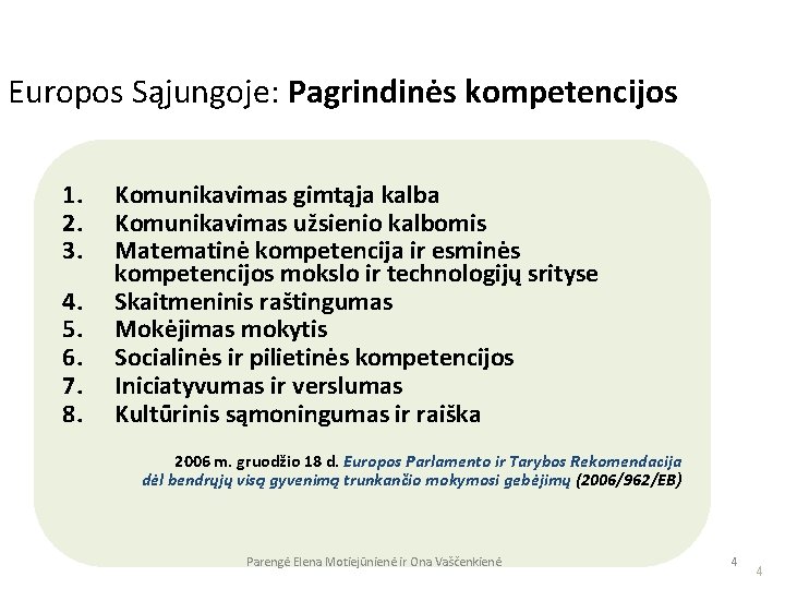 Europos Sąjungoje: Pagrindinės kompetencijos 1. 2. 3. 4. 5. 6. 7. 8. Komunikavimas gimtąja