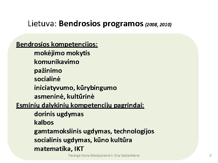 Lietuva: Bendrosios programos (2008, 2010) Bendrosios kompetencijos: mokėjimo mokytis komunikavimo pažinimo socialinė iniciatyvumo, kūrybingumo