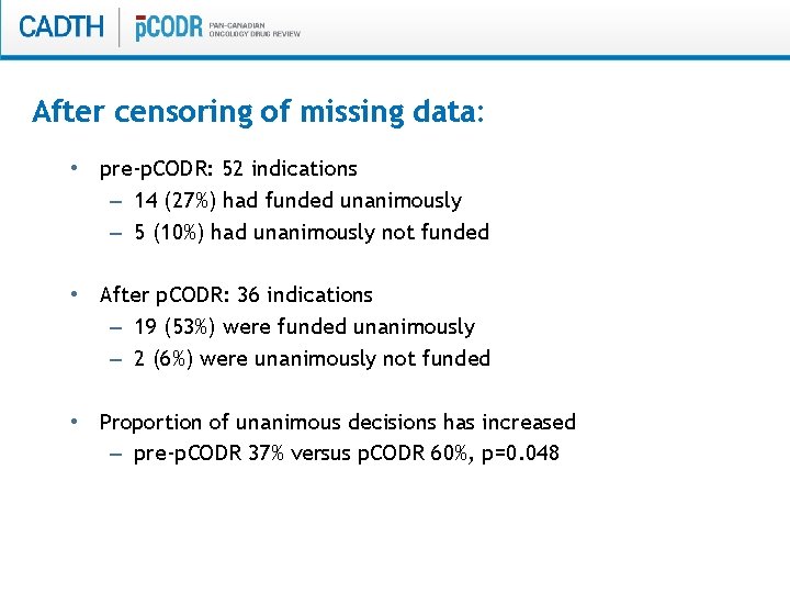 After censoring of missing data: • pre-p. CODR: 52 indications – 14 (27%) had