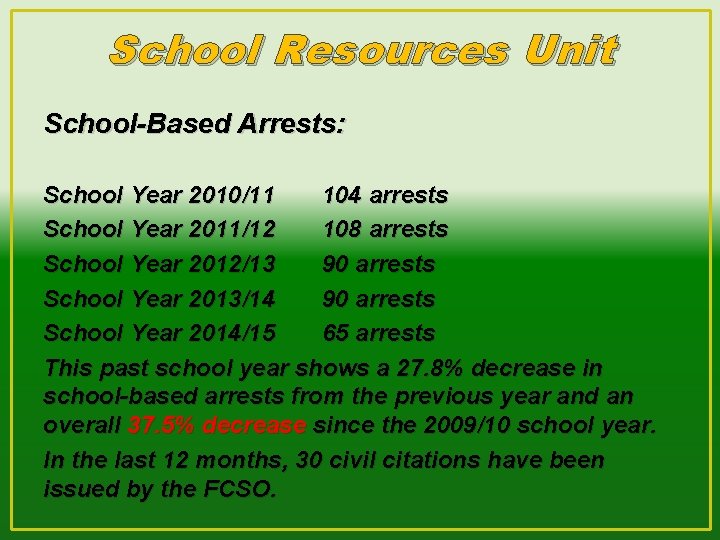 School Resources Unit School-Based Arrests: School Year 2010/11 104 arrests School Year 2011/12 108