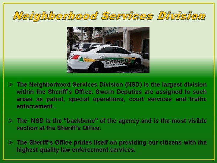 Neighborhood Services Division Ø The Neighborhood Services Division (NSD) is the largest division within