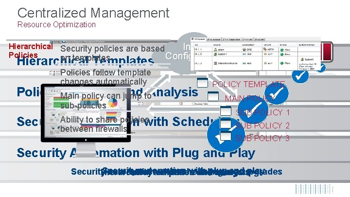 Centralized Management Resource Optimization Hierarchical Security policies are based Initial Policies Configuration on templates