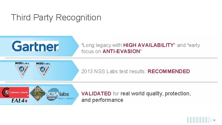 Third Party Recognition ‘Long legacy with HIGH AVAILABILITY’ and ‘early focus on ANTI-EVASION’ 2013