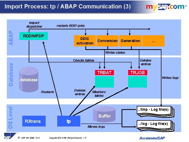 Import Process: tp / ABAP Communication (3) ABAP Import dispatcher restarts RDD*-jobs RDDIMPDP DDIC