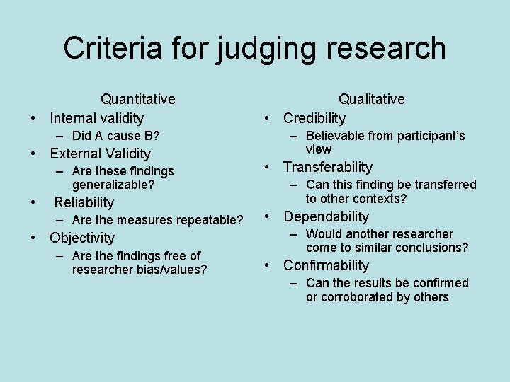 Criteria for judging research Quantitative • Internal validity – Did A cause B? •