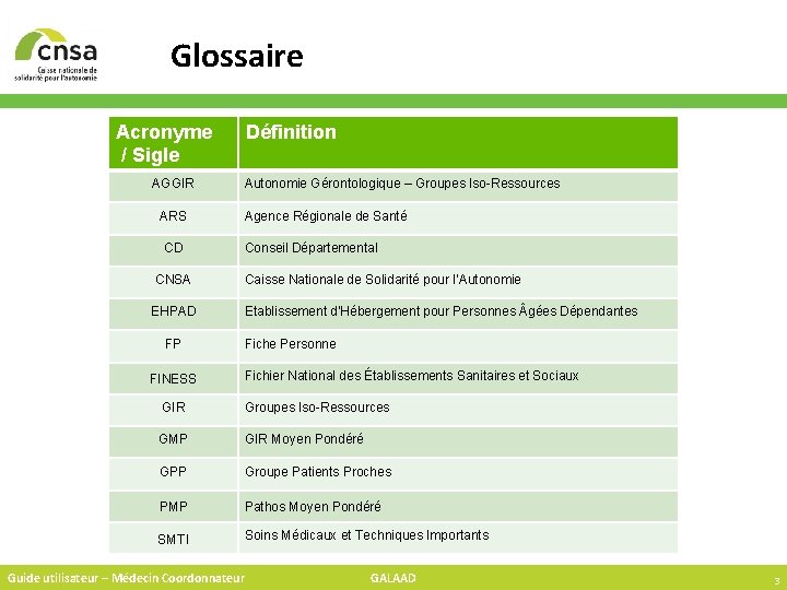 Glossaire Acronyme / Sigle AGGIR ARS CD CNSA EHPAD FP FINESS Définition Autonomie Gérontologique