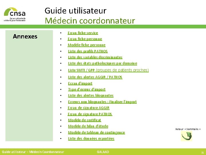 Guide utilisateur Médecin coordonnateur Annexes • • • Ecran fiche service • Liste SMTI