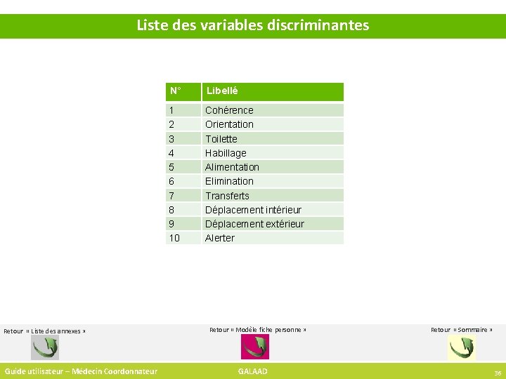 Liste des variables discriminantes Retour « Liste des annexes » Guide utilisateur – Médecin