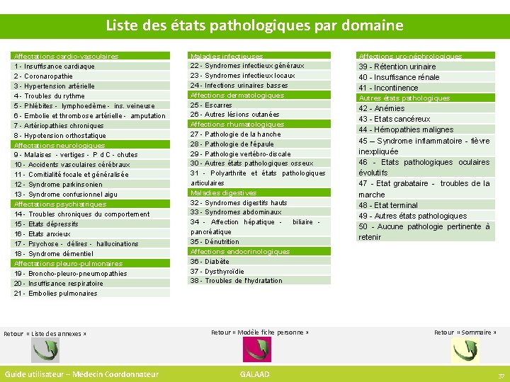 Liste des états pathologiques par domaine Affectations cardio-vasculaires 1 - Insuffisance cardiaque 2 -