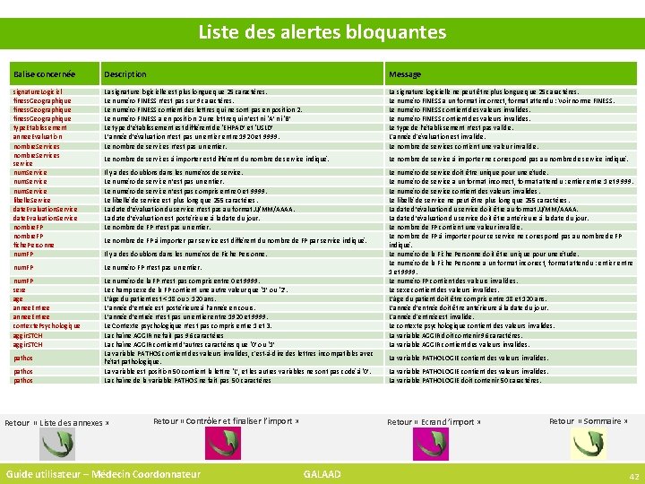 Liste des alertes bloquantes Balise concernée Description Message signature. Logiciel finess. Geographique type. Etablissement