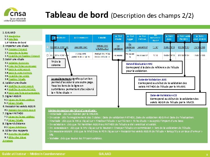 Tableau de bord (Description des champs 2/2) 1. GALAAD 1. 1 Navigation 1. 2