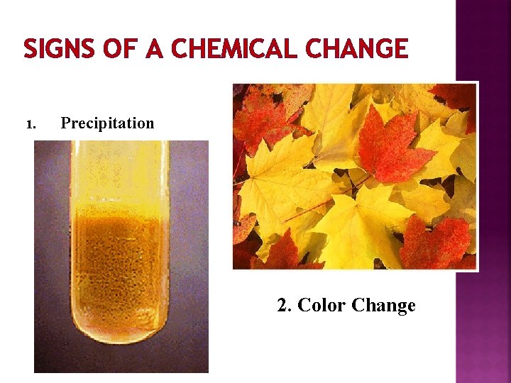 SIGNS OF A CHEMICAL CHANGE 1. Precipitation 2. Color Change 