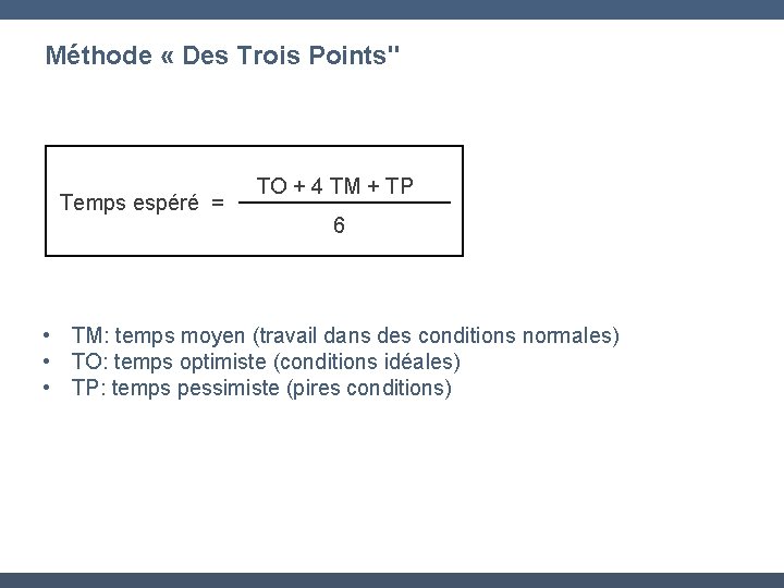 Méthode « Des Trois Points" Temps espéré = TO + 4 TM + TP