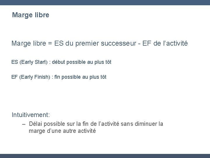Marge libre = ES du premier successeur - EF de l’activité ES (Early Start)