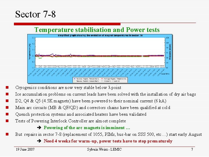 Sector 7 -8 Temperature stabilisation and Power tests n n n n Cryogenics conditions