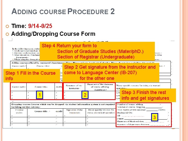 ADDING COURSE PROCEDURE 2 Time: 9/14 -9/25 Adding/Dropping Course Form Step 4 Return your