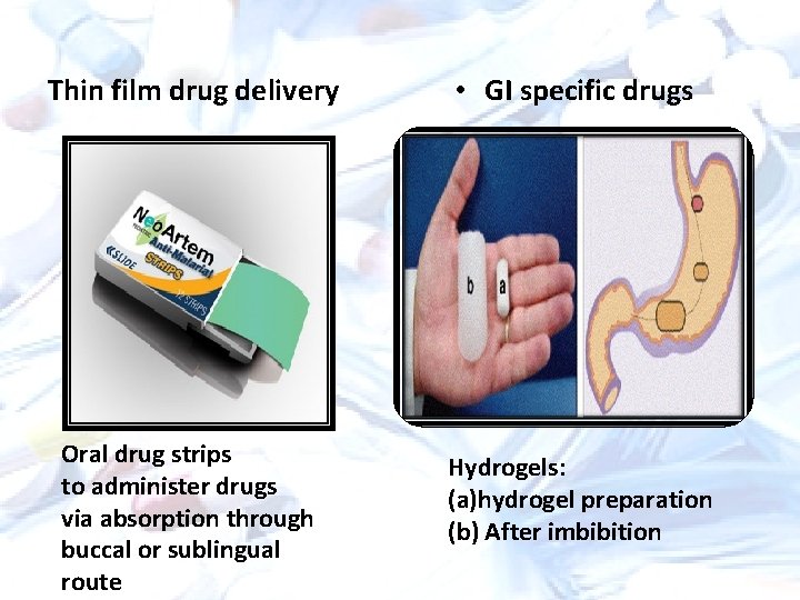 Thin film drug delivery • GI specific drugs Oral drug strips to administer drugs