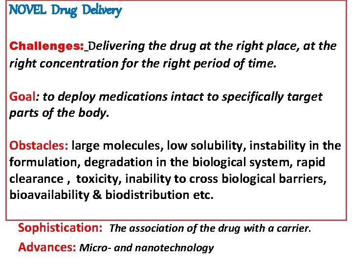 NOVEL Drug Delivery Challenges: Delivering the drug at the right place, at the right