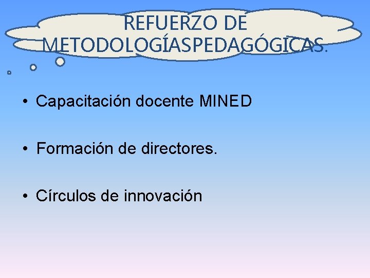 REFUERZO DE METODOLOGÍASPEDAGÓGICAS. • Capacitación docente MINED • Formación de directores. • Círculos de