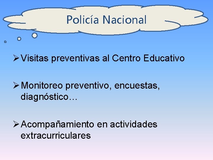 Policía Nacional Ø Visitas preventivas al Centro Educativo Ø Monitoreo preventivo, encuestas, diagnóstico… Ø