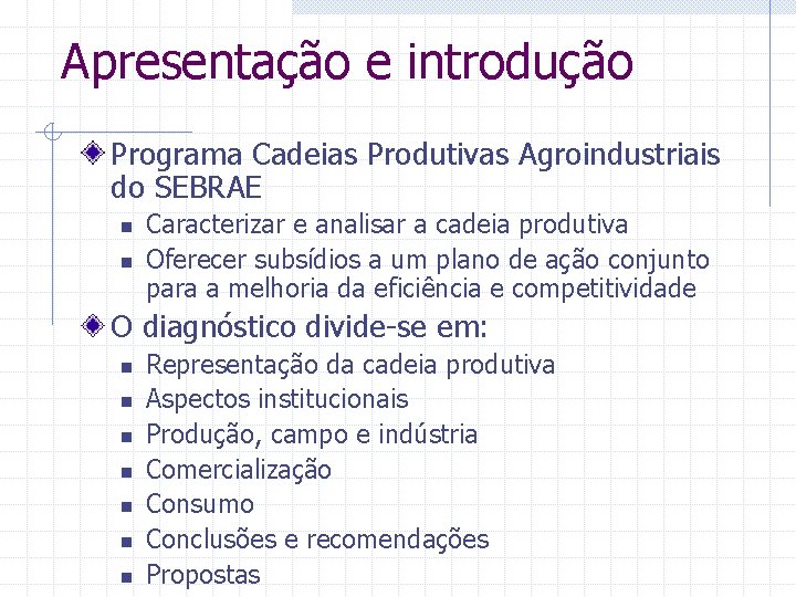 Apresentação e introdução Programa Cadeias Produtivas Agroindustriais do SEBRAE n n Caracterizar e analisar