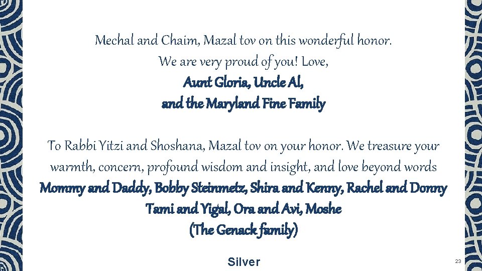 Mechal and Chaim, Mazal tov on this wonderful honor. We are very proud of