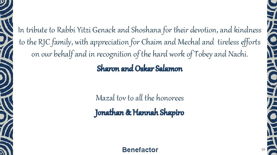 In tribute to Rabbi Yitzi Genack and Shoshana for their devotion, and kindness to