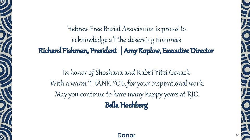 Hebrew Free Burial Association is proud to acknowledge all the deserving honorees Richard Fishman,