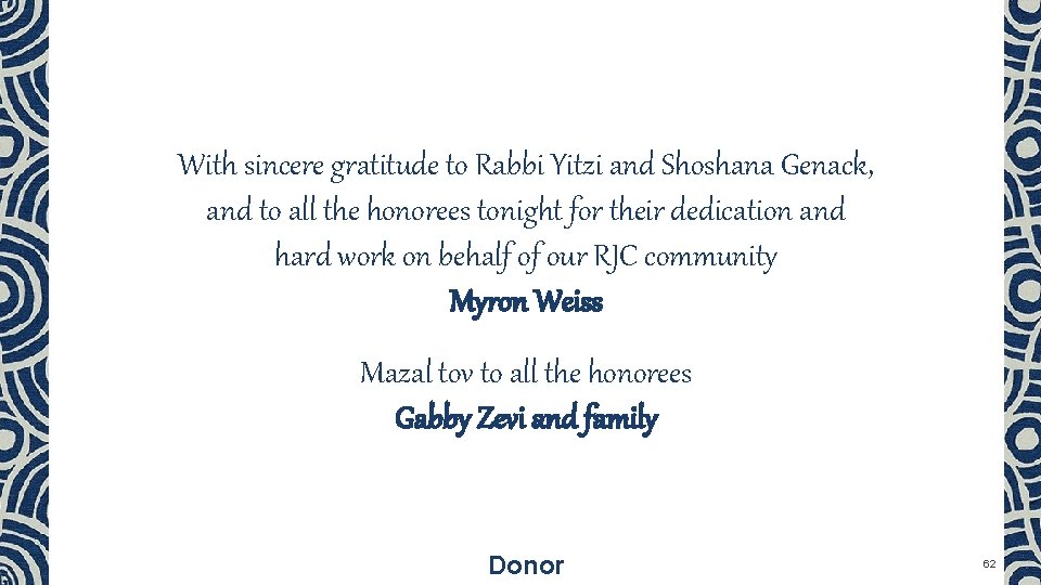 With sincere gratitude to Rabbi Yitzi and Shoshana Genack, and to all the honorees