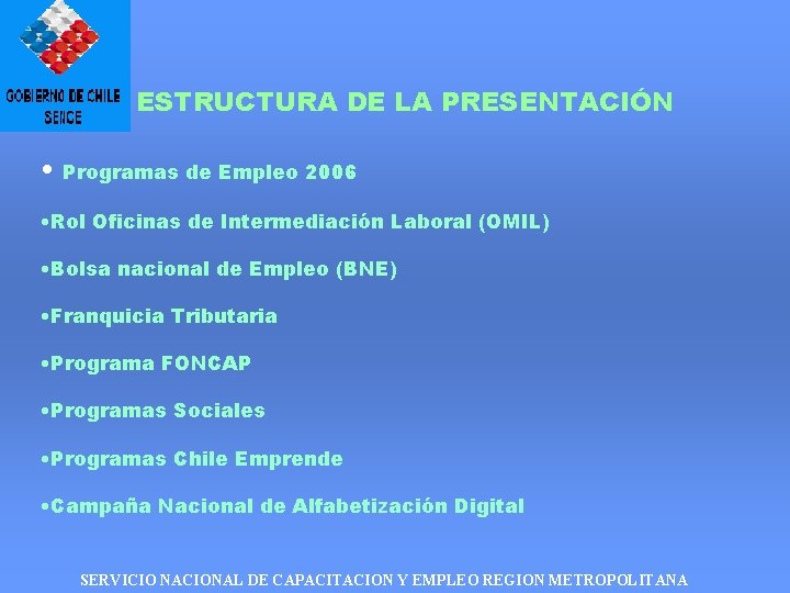 ESTRUCTURA DE LA PRESENTACIÓN • Programas de Empleo 2006 • Rol Oficinas de Intermediación ESTRUCTURA DE LA PRESENTACIÓN • Programas de Empleo 2006 • Rol Oficinas de Intermediación