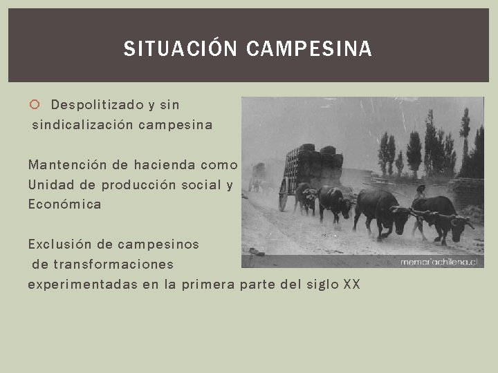SITUACIÓN CAMPESINA Despolitizado y sindicalización campesina Mantención de hacienda como Unidad de producción social SITUACIÓN CAMPESINA Despolitizado y sindicalización campesina Mantención de hacienda como Unidad de producción social