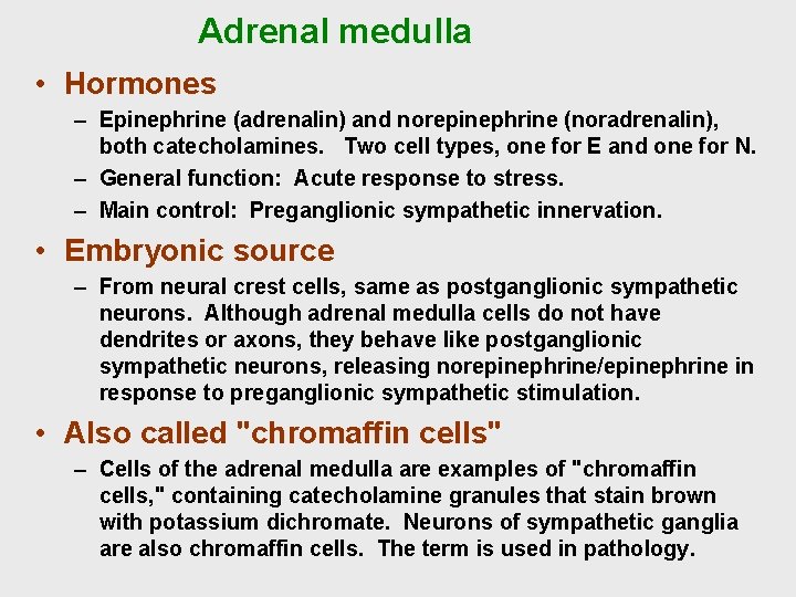 Adrenal medulla • Hormones – Epinephrine (adrenalin) and norepinephrine (noradrenalin), both catecholamines. Two cell