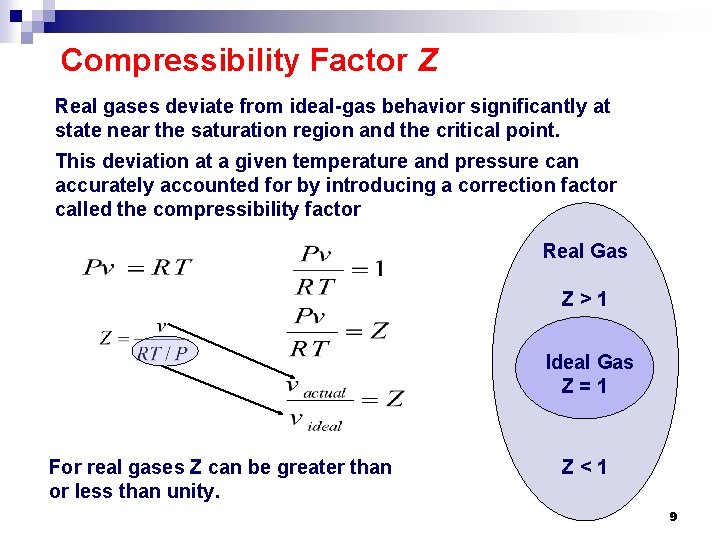 Compressibility Factor Z Real gases deviate from ideal-gas behavior significantly at state near the