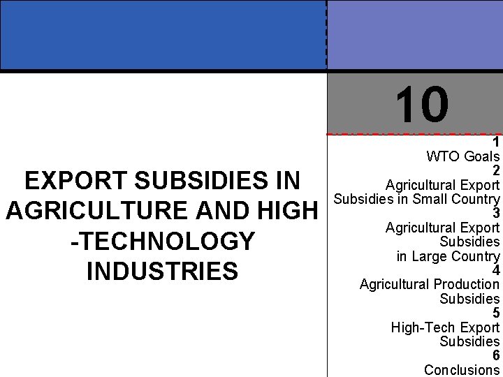 10 EXPORT SUBSIDIES IN AGRICULTURE AND HIGH -TECHNOLOGY INDUSTRIES 1 WTO Goals 2 Agricultural