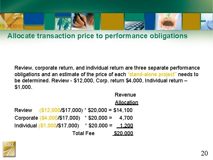 Allocate transaction price to performance obligations Review, corporate return, and individual return are three Allocate transaction price to performance obligations Review, corporate return, and individual return are three