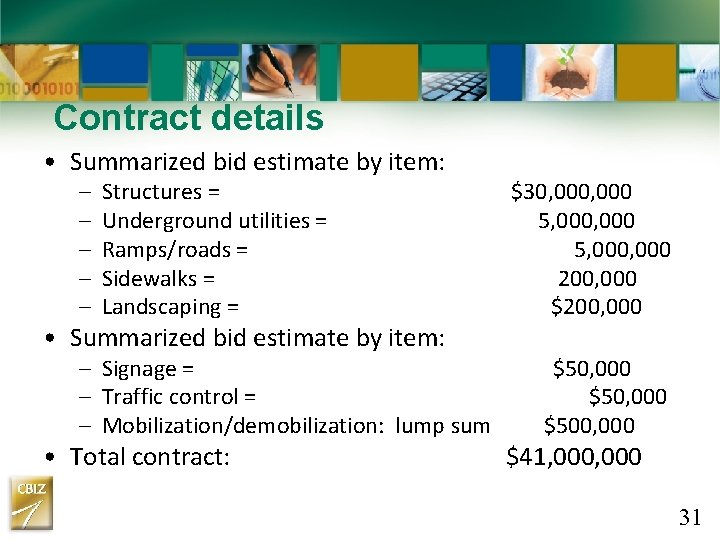 Contract details • Summarized bid estimate by item: – – – Structures = Underground Contract details • Summarized bid estimate by item: – – – Structures = Underground