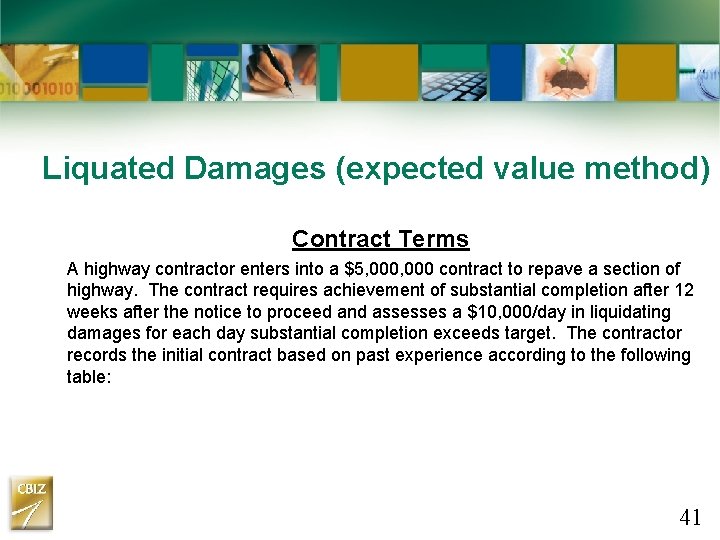 Liquated Damages (expected value method) Contract Terms A highway contractor enters into a $5, Liquated Damages (expected value method) Contract Terms A highway contractor enters into a $5,