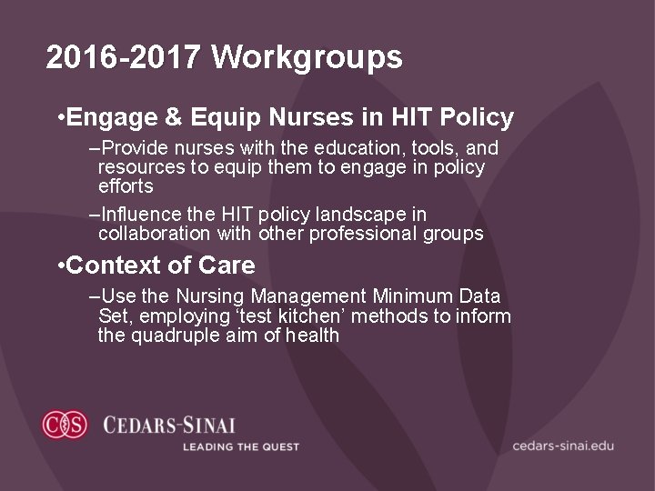 2016 -2017 Workgroups • Engage & Equip Nurses in HIT Policy –Provide nurses with