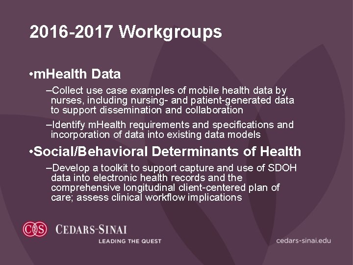 2016 -2017 Workgroups • m. Health Data –Collect use case examples of mobile health