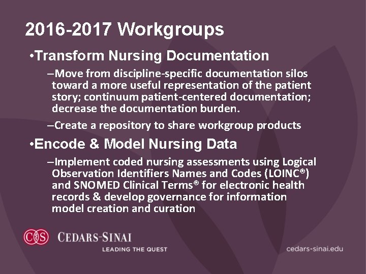 2016 -2017 Workgroups • Transform Nursing Documentation –Move from discipline-specific documentation silos toward a