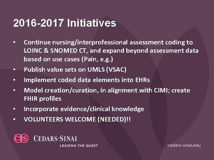 2016 -2017 Initiatives • • • Continue nursing/interprofessional assessment coding to LOINC & SNOMED