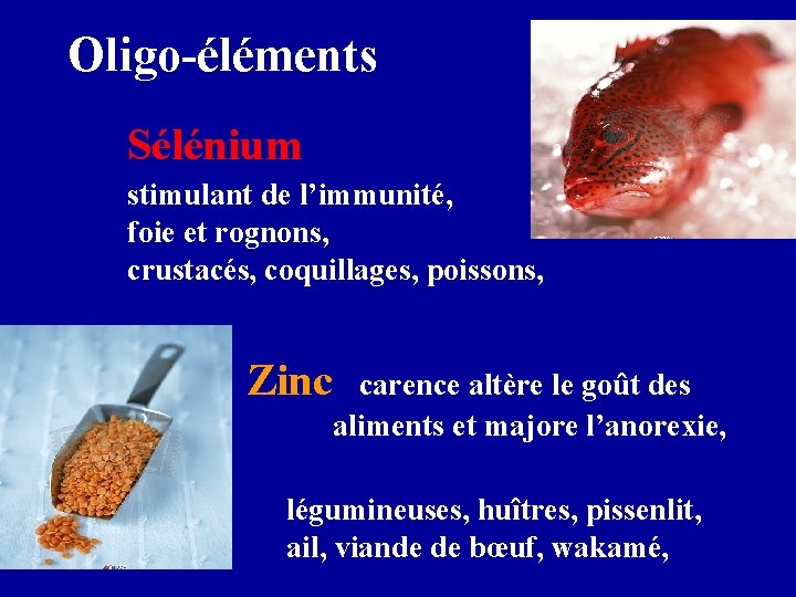 Oligo-éléments Sélénium stimulant de l’immunité, foie et rognons, crustacés, coquillages, poissons, Zinc carence altère