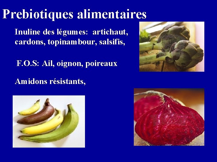 Prebiotiques alimentaires Inuline des légumes: artichaut, cardons, topinambour, salsifis, F. O. S: Ail, oignon,